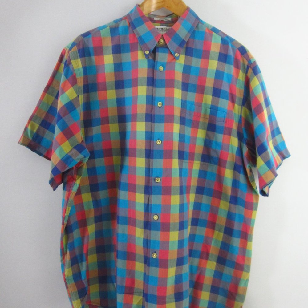 Vtg Tuttle Golf Collection Mens L Blue Green Plaid Indian Madras Cotton SS Shirt